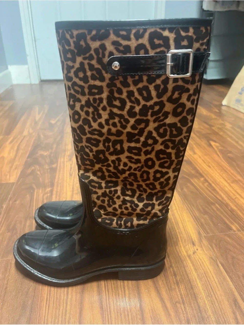 Qupid Leopard Print Rain Boots with Black Patent Foot